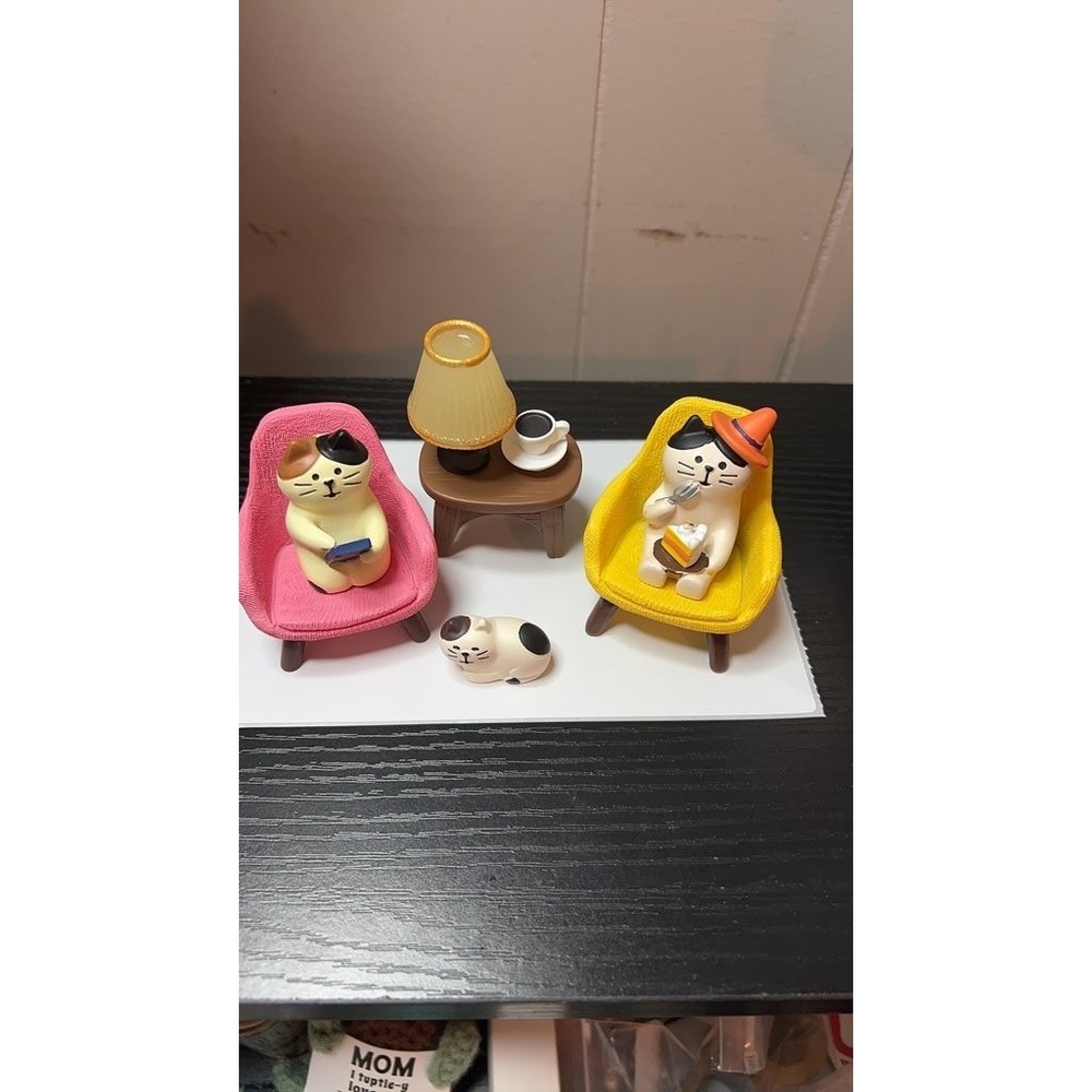 Miniature Cat Figurine Set with Chairs and Accessories